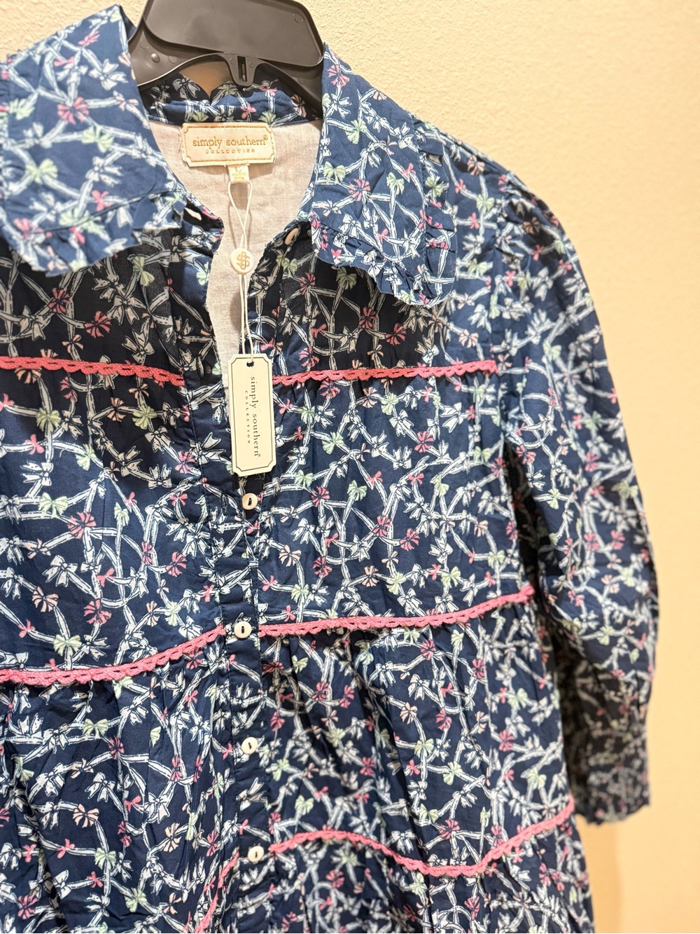 Simply Southern Navy Floral Button-Front Tiered Tunic with Pink Trim - Picture 3 of 3